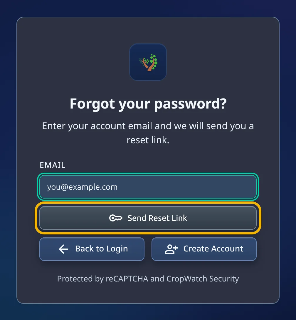 The Forgot your password? page with an email address typed in the EMAIL box and the Send Reset Link button highlighted