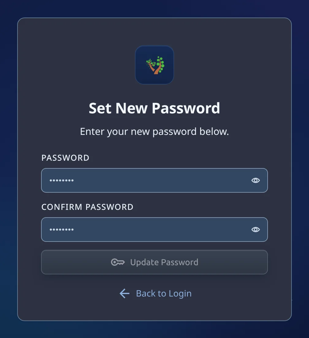 The Set New Password page with empty PASSWORD and CONFIRM PASSWORD boxes and a greyed-out Update Password button