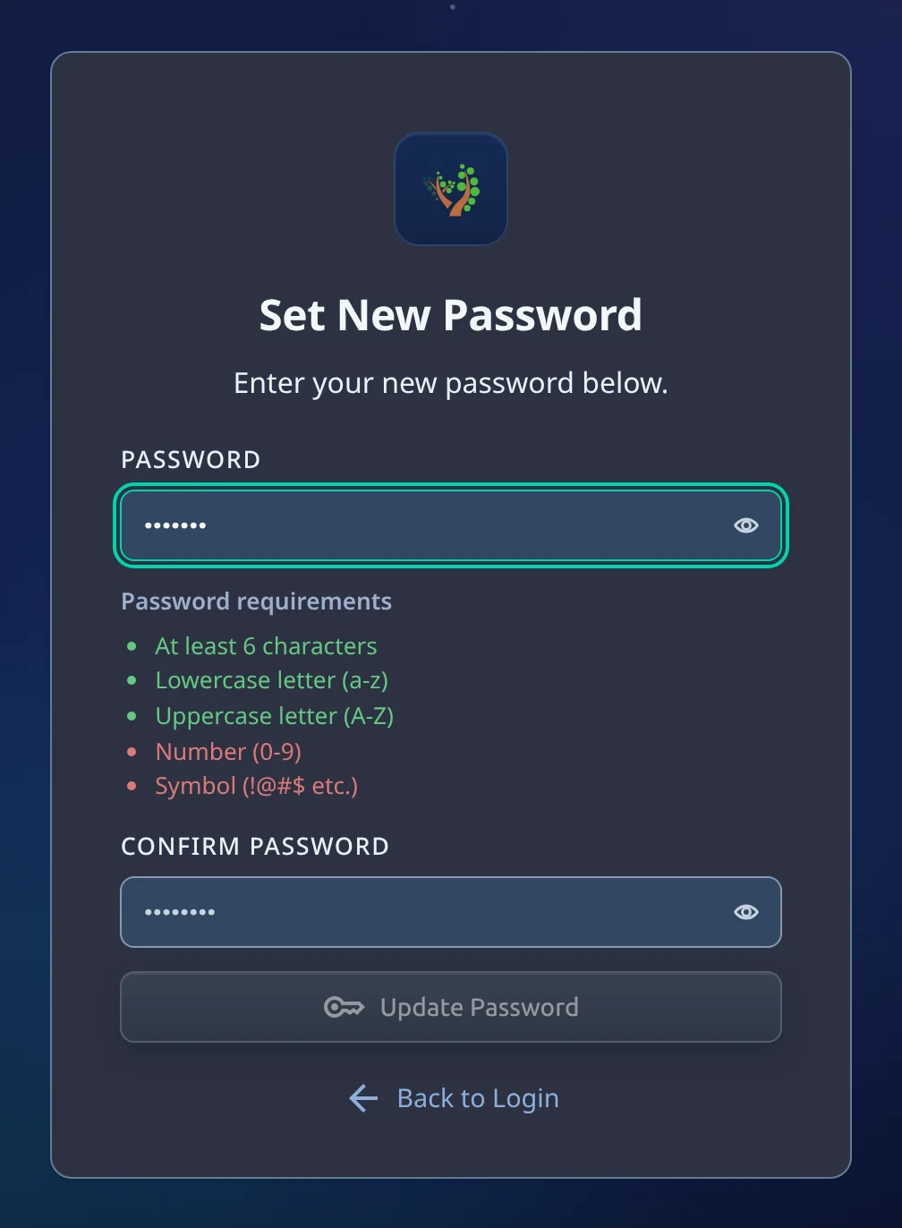 The Set New Password page with a password typed in. Under it, the requirements list shows the length, lowercase and uppercase lines in green and the number and symbol lines in red