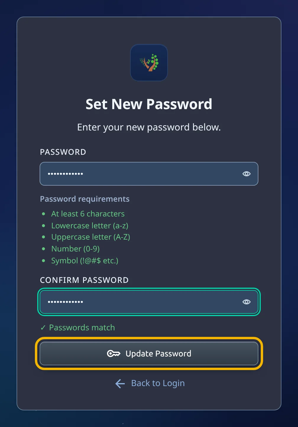 The Set New Password page with all five requirements green, both boxes filled, the message Passwords match, and the Update Password button highlighted