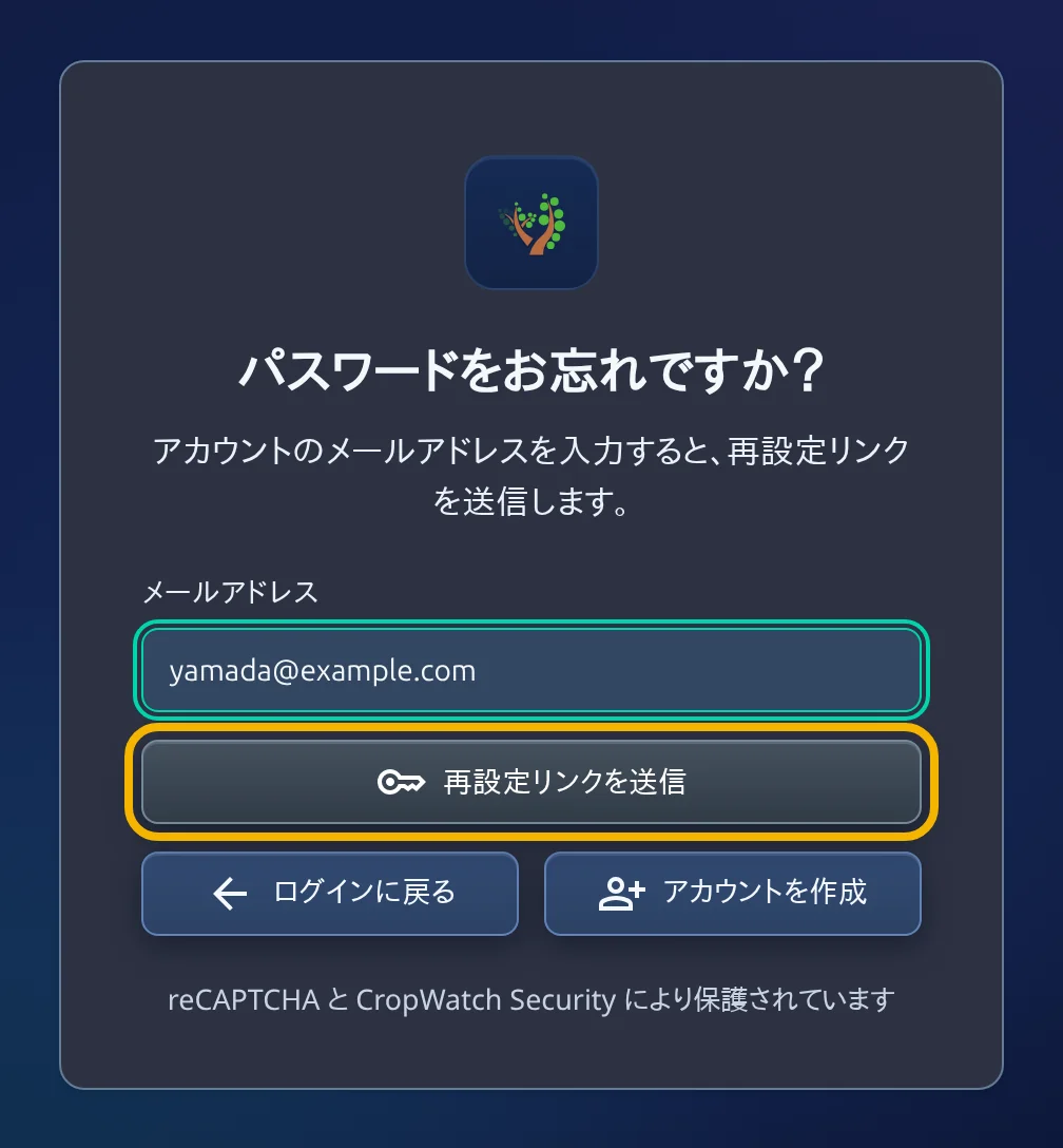 「パスワードをお忘れですか？」画面。メールアドレス欄にアドレスが入力され、「再設定リンクを送信」ボタンが強調表示されている