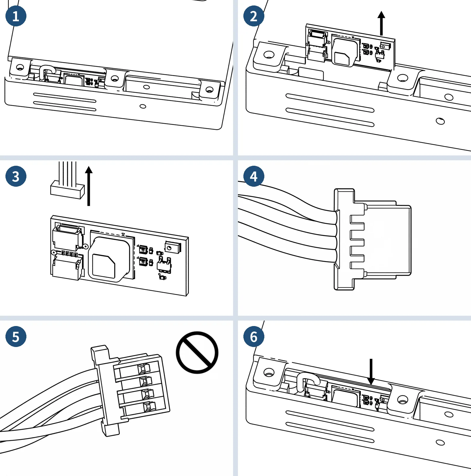 Six drawings: the sensor module in its chamber, pulling it up, unplugging the cable, the connector flat face up, the connector upside down crossed out, and pushing the module back into its holder.