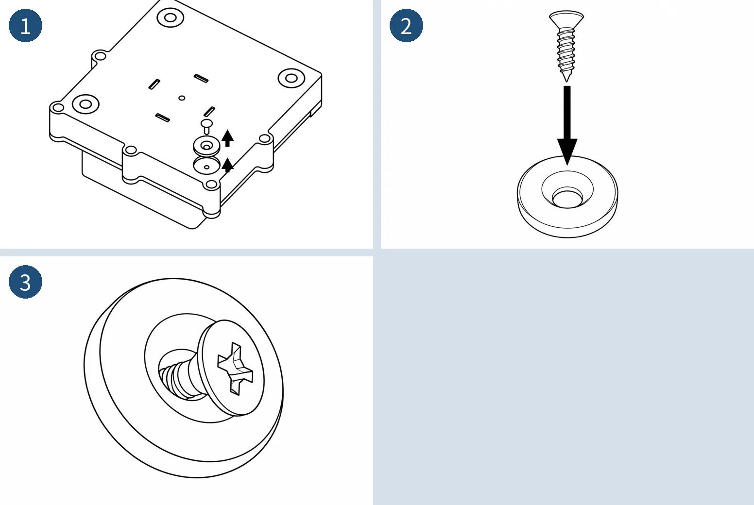 Three drawings: the base of the unit with a magnet and screw lifted out, a screw above a countersunk ring magnet, and the screw head sitting in the countersink.