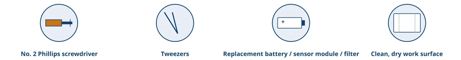 A No. 2 Phillips screwdriver, tweezers, a replacement battery, sensor module or filter, and a clean, dry work surface.