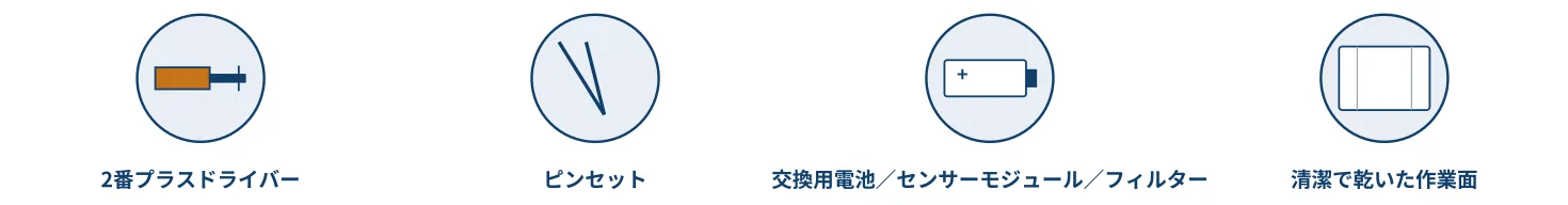 2番プラスドライバー、ピンセット、交換用の電池・センサーモジュール・フィルター、清潔で乾いた作業面。